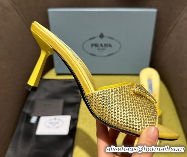 Durable Prada Satin Heel Slide Sandals 7.5cm with Crystals Yellow 612168