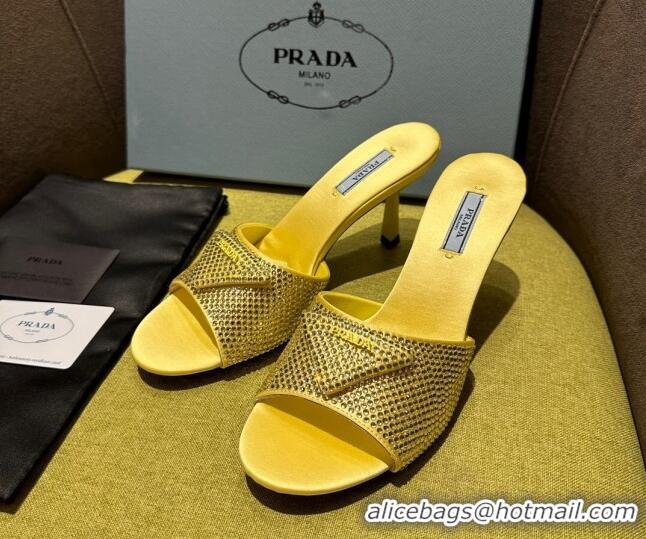 Durable Prada Satin Heel Slide Sandals 7.5cm with Crystals Yellow 612168