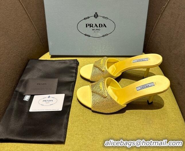 Durable Prada Satin Heel Slide Sandals 7.5cm with Crystals Yellow 612168