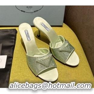 Good Quality Prada Satin Heel Slide Sandals 7.5cm with Crystals Light Green 612169