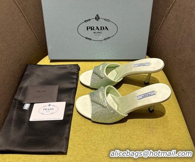 Good Quality Prada Satin Heel Slide Sandals 7.5cm with Crystals Light Green 612169