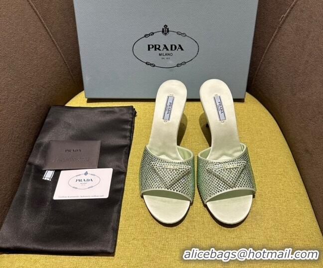 Good Quality Prada Satin Heel Slide Sandals 7.5cm with Crystals Light Green 612169