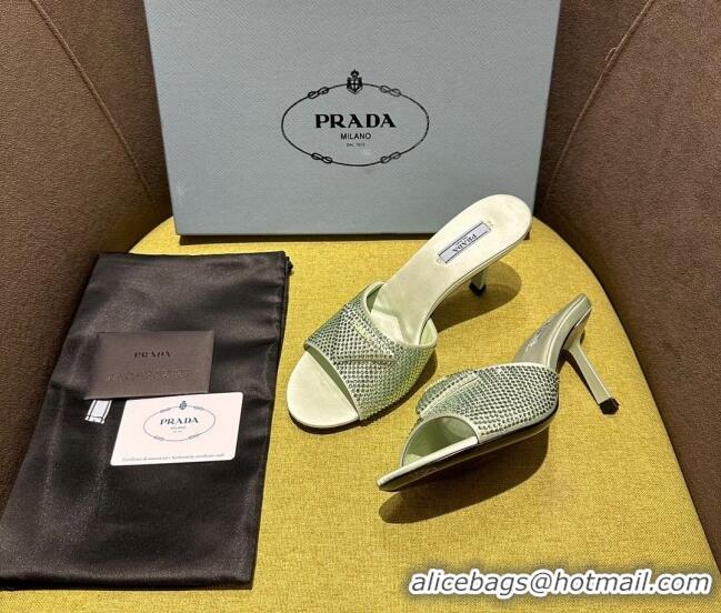 Good Quality Prada Satin Heel Slide Sandals 7.5cm with Crystals Light Green 612169