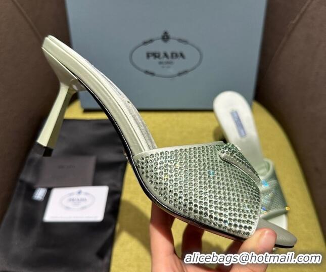 Good Quality Prada Satin Heel Slide Sandals 7.5cm with Crystals Light Green 612169