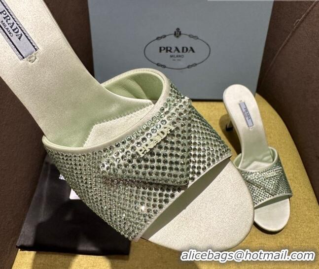 Good Quality Prada Satin Heel Slide Sandals 7.5cm with Crystals Light Green 612169