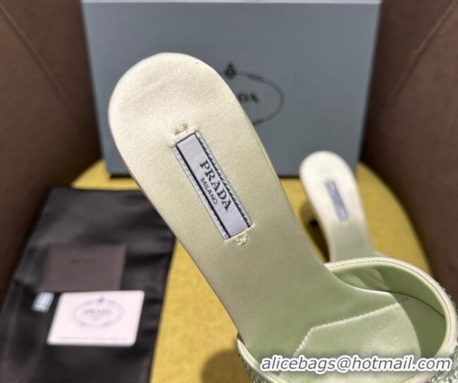 Good Quality Prada Satin Heel Slide Sandals 7.5cm with Crystals Light Green 612169