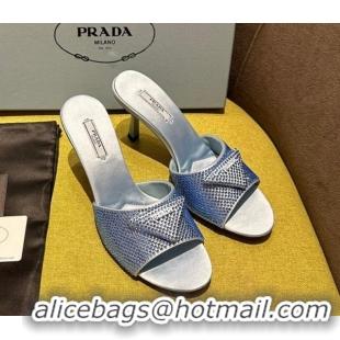 Perfect Prada Satin Heel Slide Sandals 7.5cm with Crystals Blue 612170