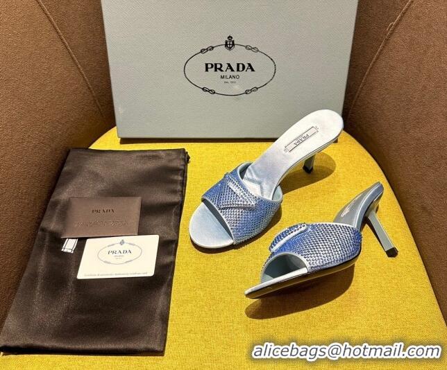 Perfect Prada Satin Heel Slide Sandals 7.5cm with Crystals Blue 612170