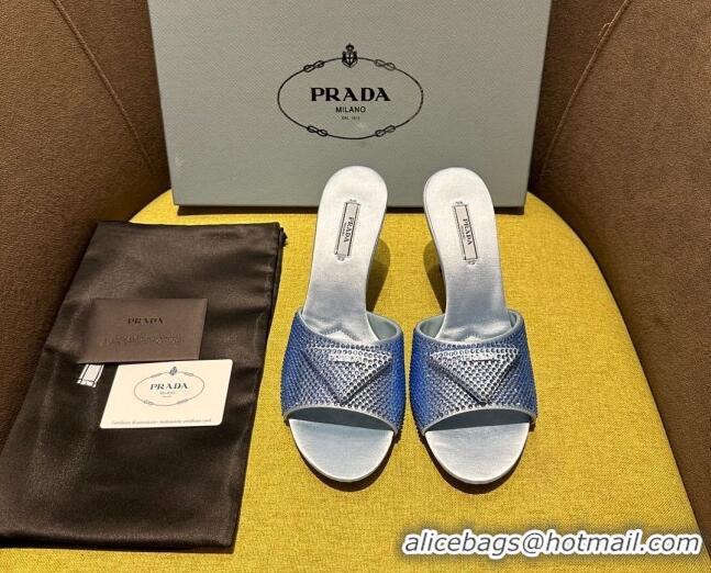 Perfect Prada Satin Heel Slide Sandals 7.5cm with Crystals Blue 612170