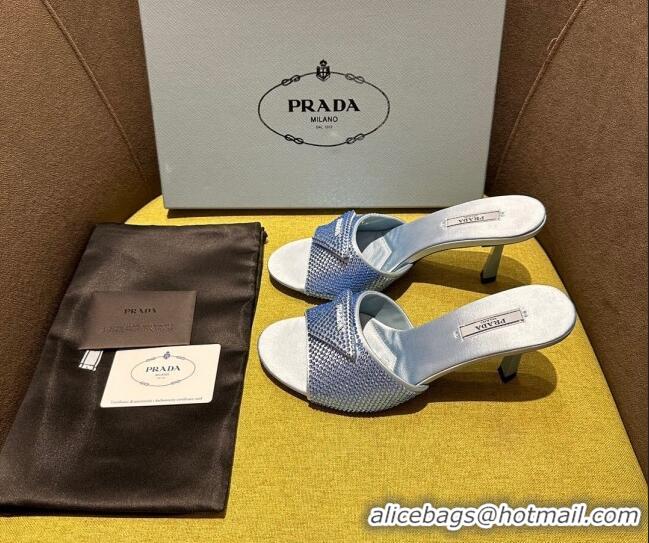 Perfect Prada Satin Heel Slide Sandals 7.5cm with Crystals Blue 612170