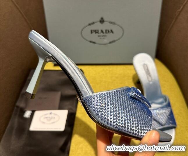 Perfect Prada Satin Heel Slide Sandals 7.5cm with Crystals Blue 612170