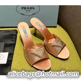 Stylish Prada Satin Heel Slide Sandals 7.5cm with Crystals Pink 612171