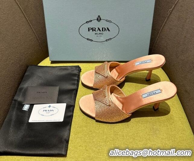 Stylish Prada Satin Heel Slide Sandals 7.5cm with Crystals Pink 612171