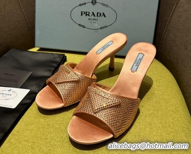 Stylish Prada Satin Heel Slide Sandals 7.5cm with Crystals Pink 612171