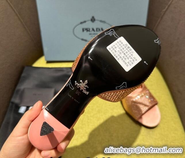 Stylish Prada Satin Heel Slide Sandals 7.5cm with Crystals Pink 612171