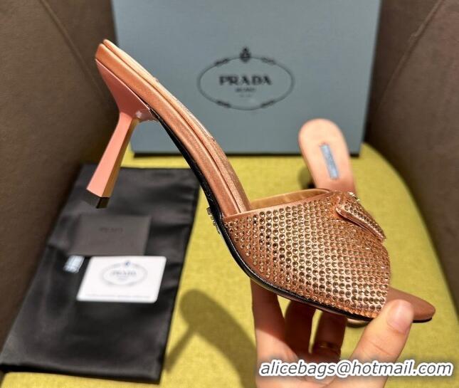 Stylish Prada Satin Heel Slide Sandals 7.5cm with Crystals Pink 612171