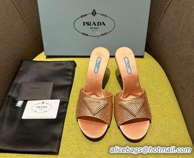 Stylish Prada Satin Heel Slide Sandals 7.5cm with Crystals Pink 612171