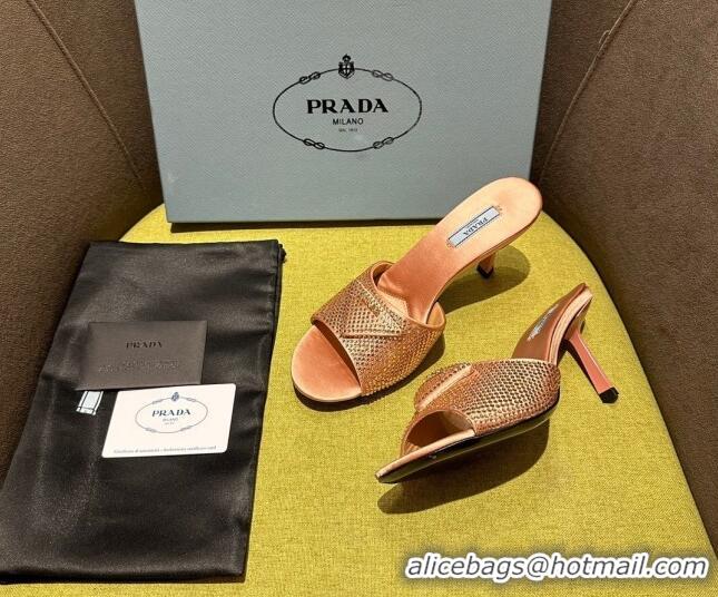 Stylish Prada Satin Heel Slide Sandals 7.5cm with Crystals Pink 612171