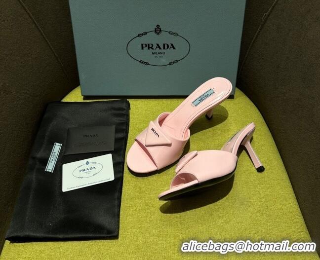 Best Grade Prada Brushed Heel Slide Sandals 7.5cm with Crystals Pink 612174