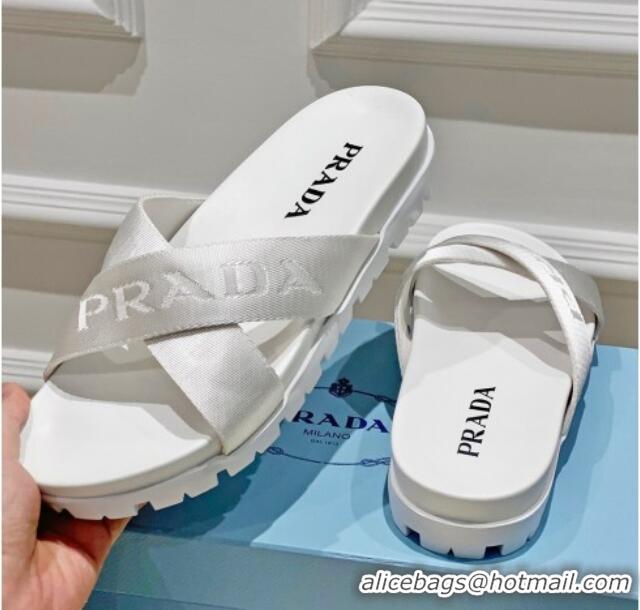 Grade Quality Prada Nylon Fabric Cross Slide Sandals White 612175