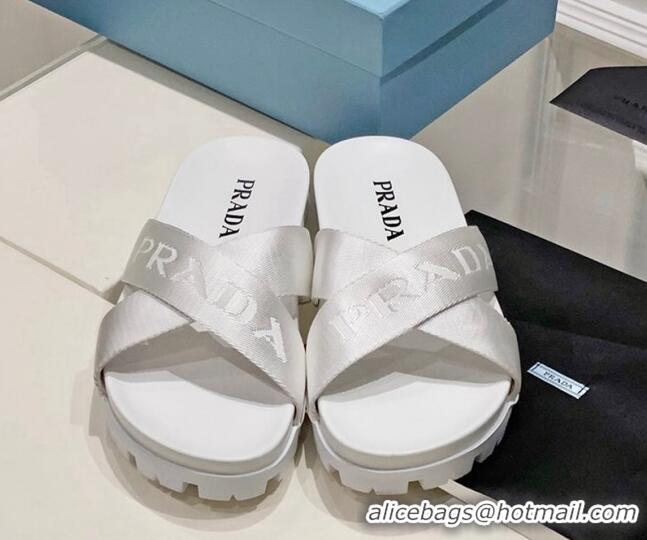 Grade Quality Prada Nylon Fabric Cross Slide Sandals White 612175