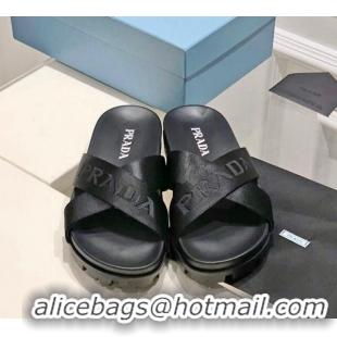 Best Product Prada Nylon Fabric Cross Slide Sandals Black 612176