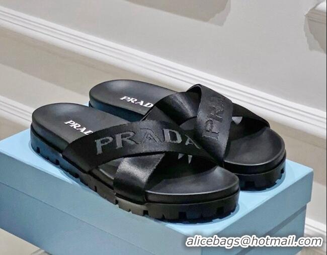 Best Product Prada Nylon Fabric Cross Slide Sandals Black 612176