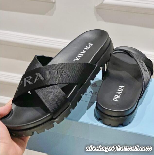 Best Product Prada Nylon Fabric Cross Slide Sandals Black 612176