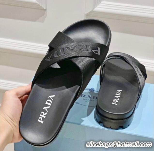 Best Product Prada Nylon Fabric Cross Slide Sandals Black 612176