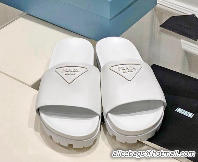 Low Price Prada Rubber Slide Sandals with Embossed Triangle Logo White 612177