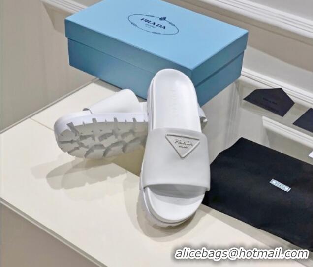 Low Price Prada Rubber Slide Sandals with Embossed Triangle Logo White 612177