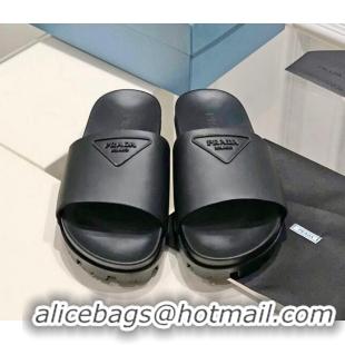 Top Design Prada Rubber Slide Sandals with Embossed Triangle Logo Black 612179