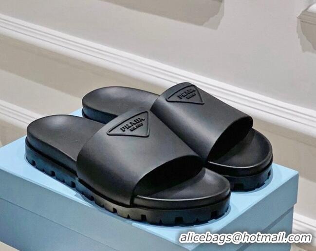 Top Design Prada Rubber Slide Sandals with Embossed Triangle Logo Black 612179