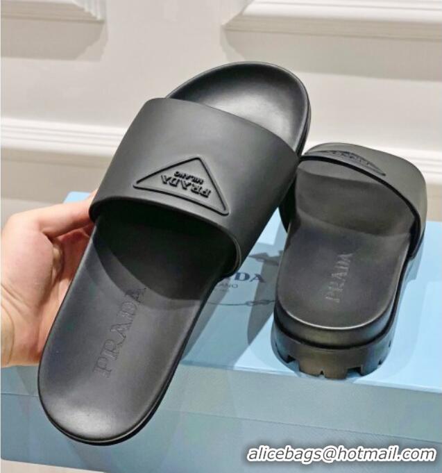 Top Design Prada Rubber Slide Sandals with Embossed Triangle Logo Black 612179