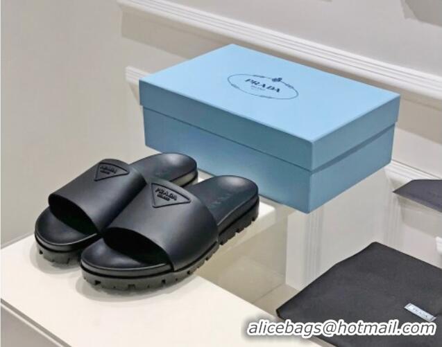 Top Design Prada Rubber Slide Sandals with Embossed Triangle Logo Black 612179