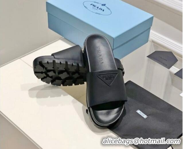 Top Design Prada Rubber Slide Sandals with Embossed Triangle Logo Black 612179