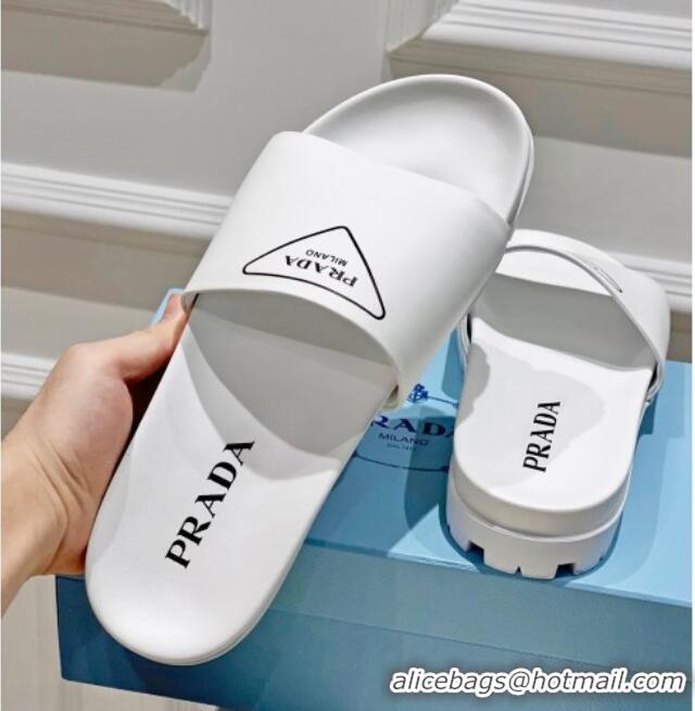 Sophisticated Prada Rubber Slide Sandals with Printed Triangle Logo White 612178