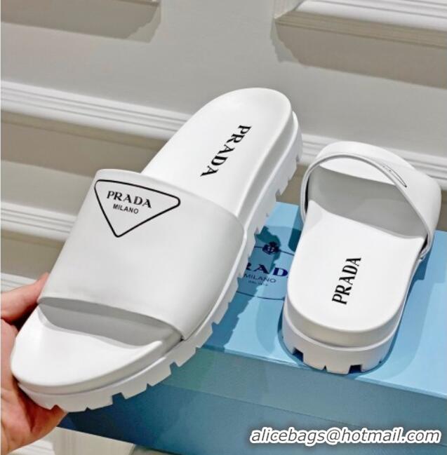 Sophisticated Prada Rubber Slide Sandals with Printed Triangle Logo White 612178