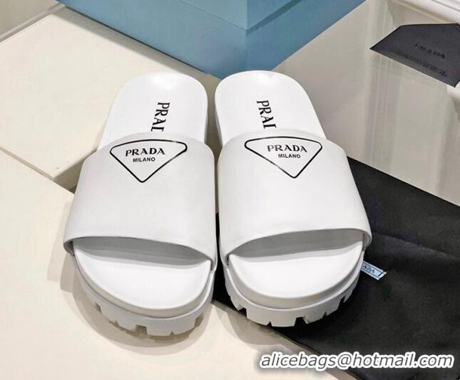 Sophisticated Prada Rubber Slide Sandals with Printed Triangle Logo White 612178