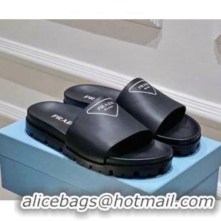 Online Duplicate Prada Rubber Slide Sandals with Printed Triangle Logo Black 612181