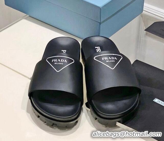 Online Duplicate Prada Rubber Slide Sandals with Printed Triangle Logo Black 612181