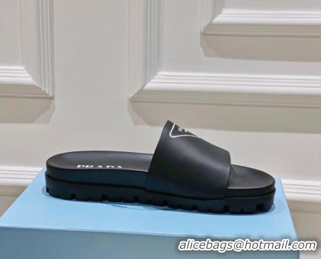 Online Duplicate Prada Rubber Slide Sandals with Printed Triangle Logo Black 612181