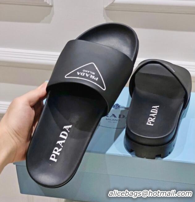 Online Duplicate Prada Rubber Slide Sandals with Printed Triangle Logo Black 612181