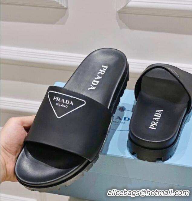 Online Duplicate Prada Rubber Slide Sandals with Printed Triangle Logo Black 612181