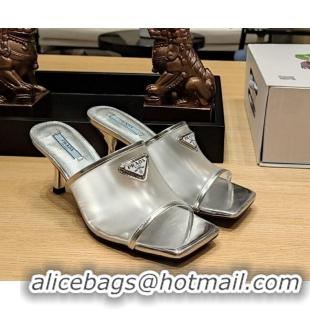 Fashion Prada PVC Heel Slide Sandals 7cm Silver 612188