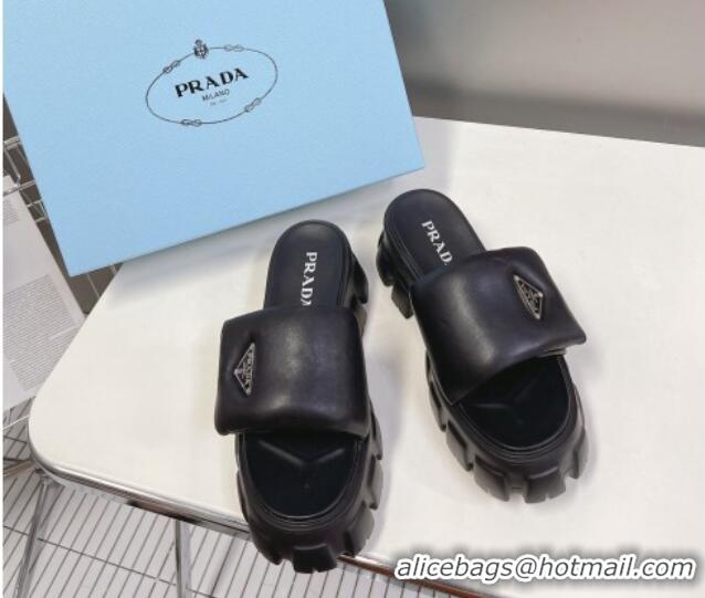 Top Grade Prada Soft Padded Nappa Leather Slide Sandals Black 1XX661