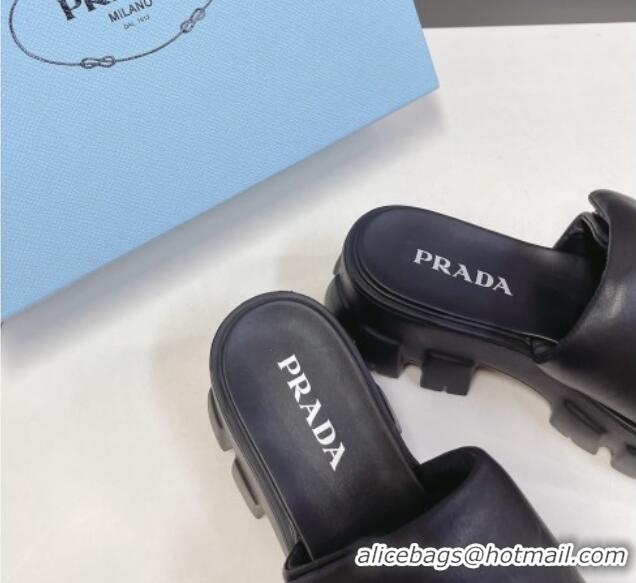 Top Grade Prada Soft Padded Nappa Leather Slide Sandals Black 1XX661