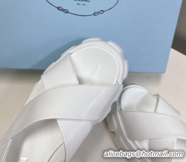 Crafted Prada Leather Platform Sandals 5.5cm White 612202