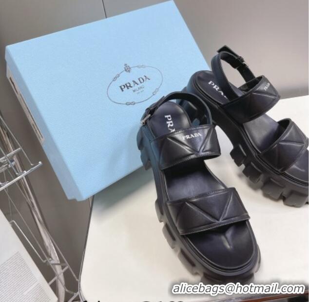 Pretty Style Prada Leather Platform Sandals 5.5cm Black 612203