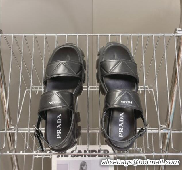 Pretty Style Prada Leather Platform Sandals 5.5cm Black 612203